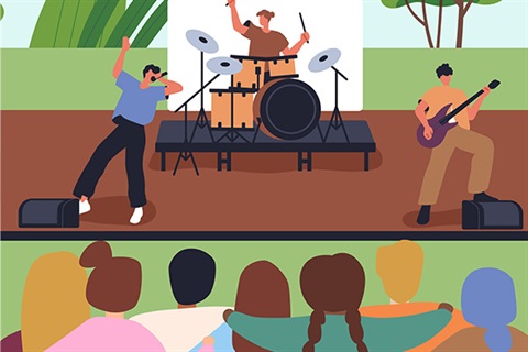 cartoon image of singer, guitarist and drummer on stage 