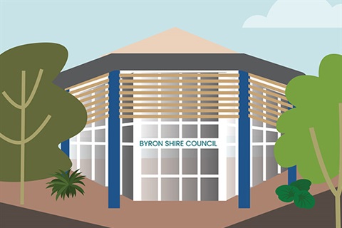 cartoon of entrance to council building with sign saying Byron Shire Council across door