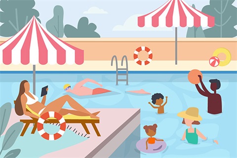 cartoon graphic of people splashing in pool and person under umbrella sitting near the edge