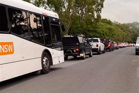 long line of traffic queuing on road