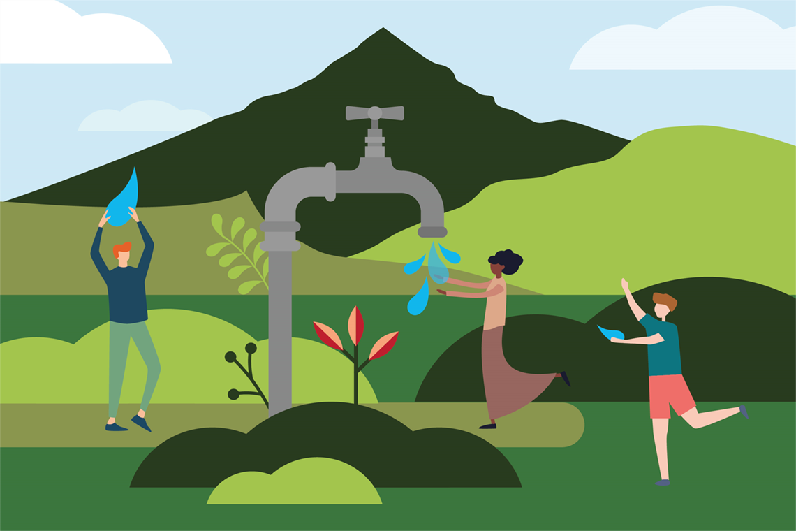 Illustration of people holding water drops coming out of a giant tap with Mount Chincogan in the background