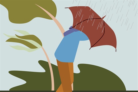 Ilustration of a person holding an umbrella in a storm