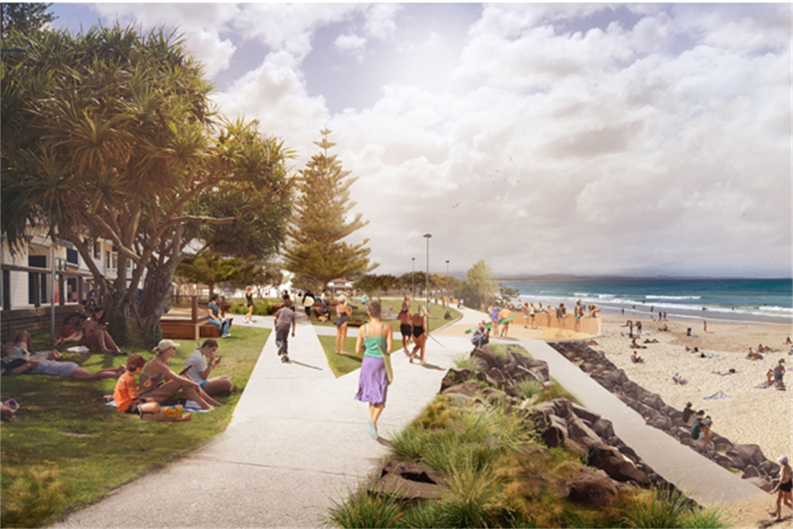 Illustration of the Byron Bay foreshore with accessible pathways to the beach